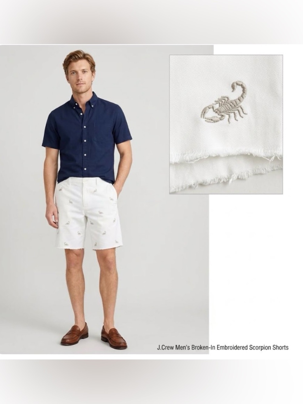 J Crew White Broken In Embroidered Scorpion Cut Off Bermuda Shorts Mens sz31 EUC
